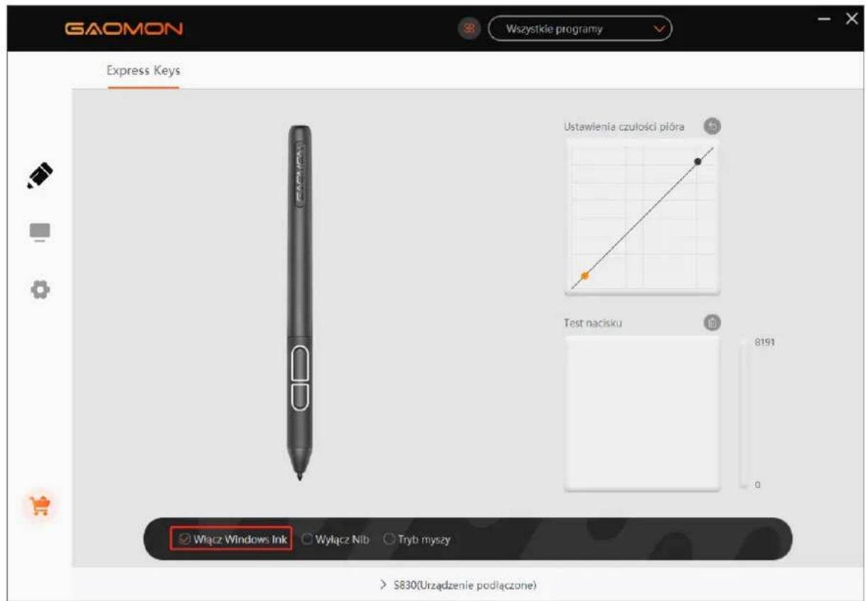 GAOMON Wszystkie programy Express Keys Ustawienia czulosci plóra Test nacisku Wiącz Windows Ink Wyłącz Nib Tryb myszy S830(Urzadzenie podłączone)