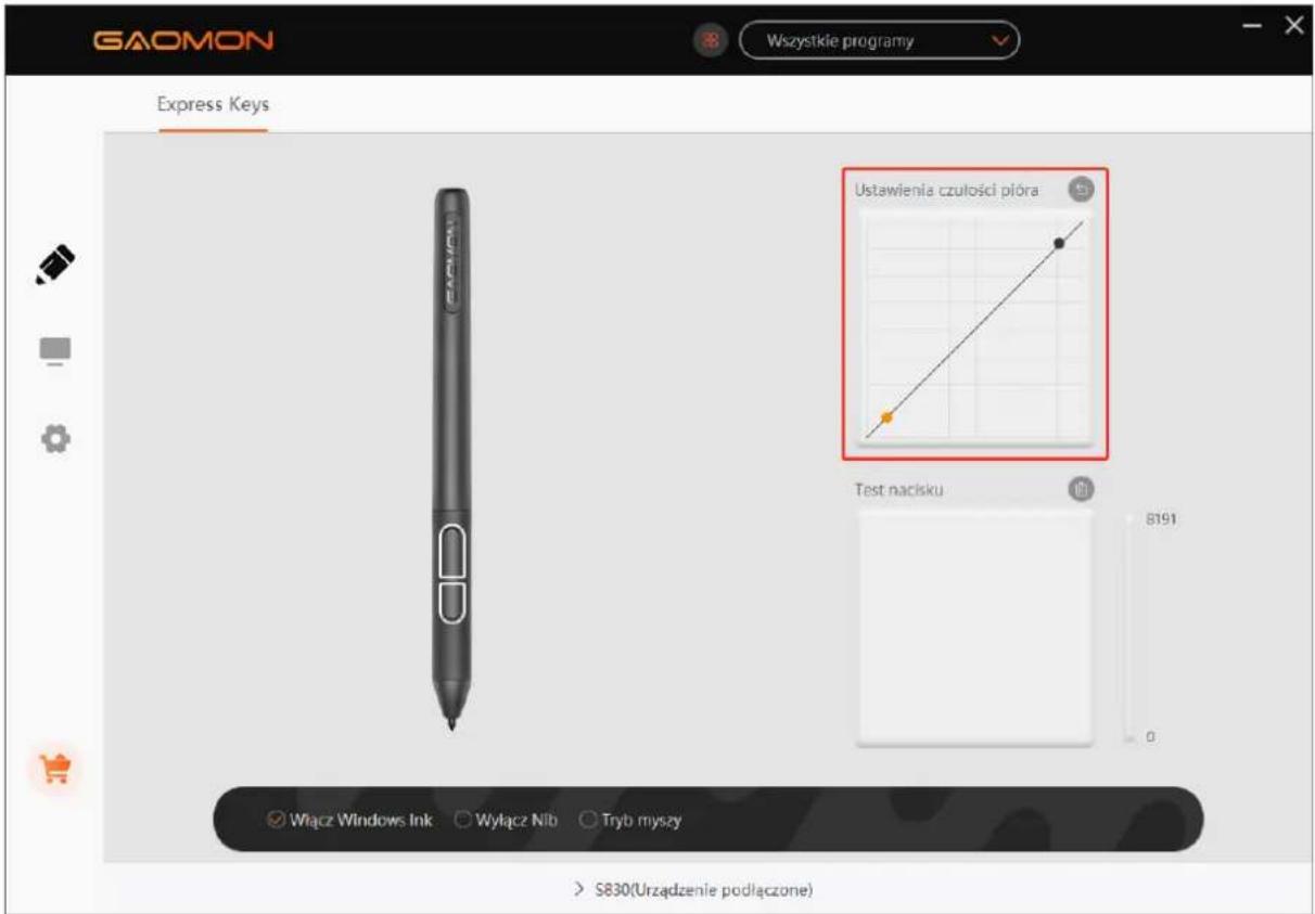 GAOMON Wszystkie programy Express Keys Ustawienia czulosci pióra Test nacisku Włącz Windows Ink Wyrącz Nib Tryb myszy S830(Urzadzenie podłączone)