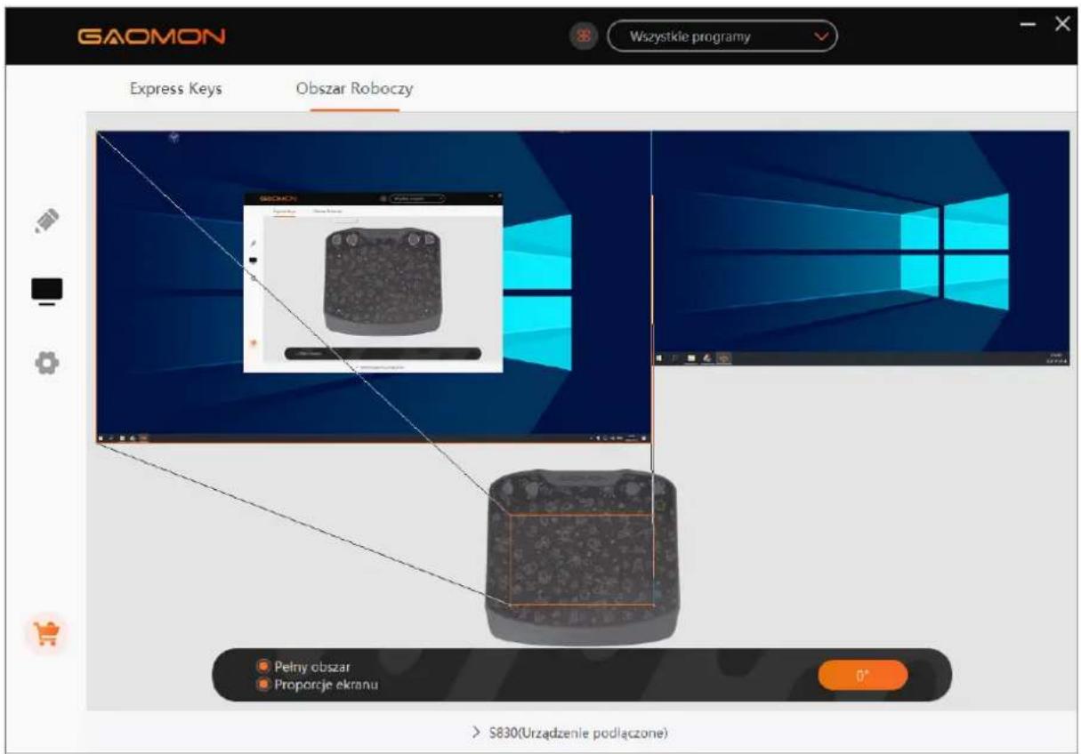 GAOMON Wszystkie programy Express Keys Obszar Roboczy GKOMON Pełny obszar Proporcje ekranu 0° S830(Urzadzenie podłączone)