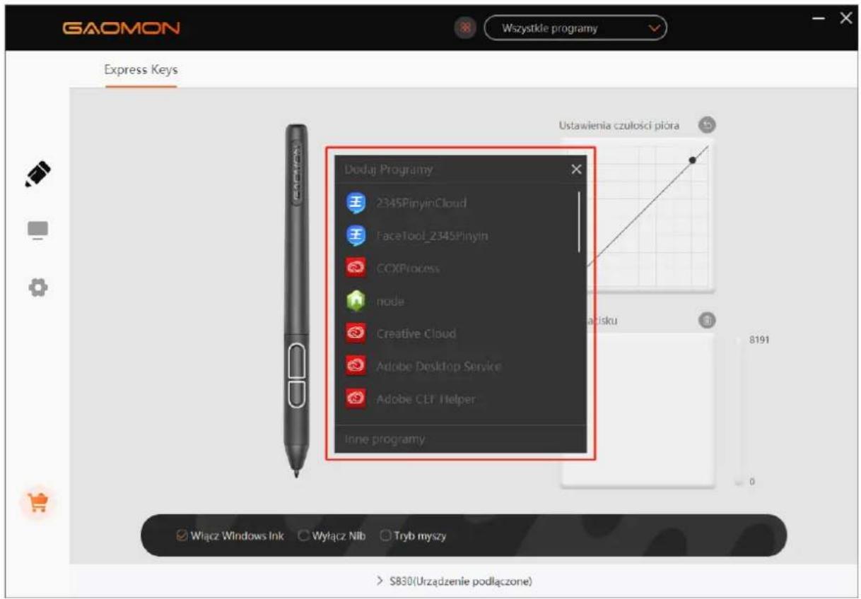 GAOMON Wszystkie programy Express Keys Ustawienia czulosci pióra Dodaj Programy 2345PinyinCloud FaceTool_2345Pinyin CCXProcess node Creative Cloud Adobe Desktop Service Adobe CLT Helper Inne programy Wiącz Windows Ink Wyłącz Nib Tryb myszy > $830(Urzadzenie podłączone)