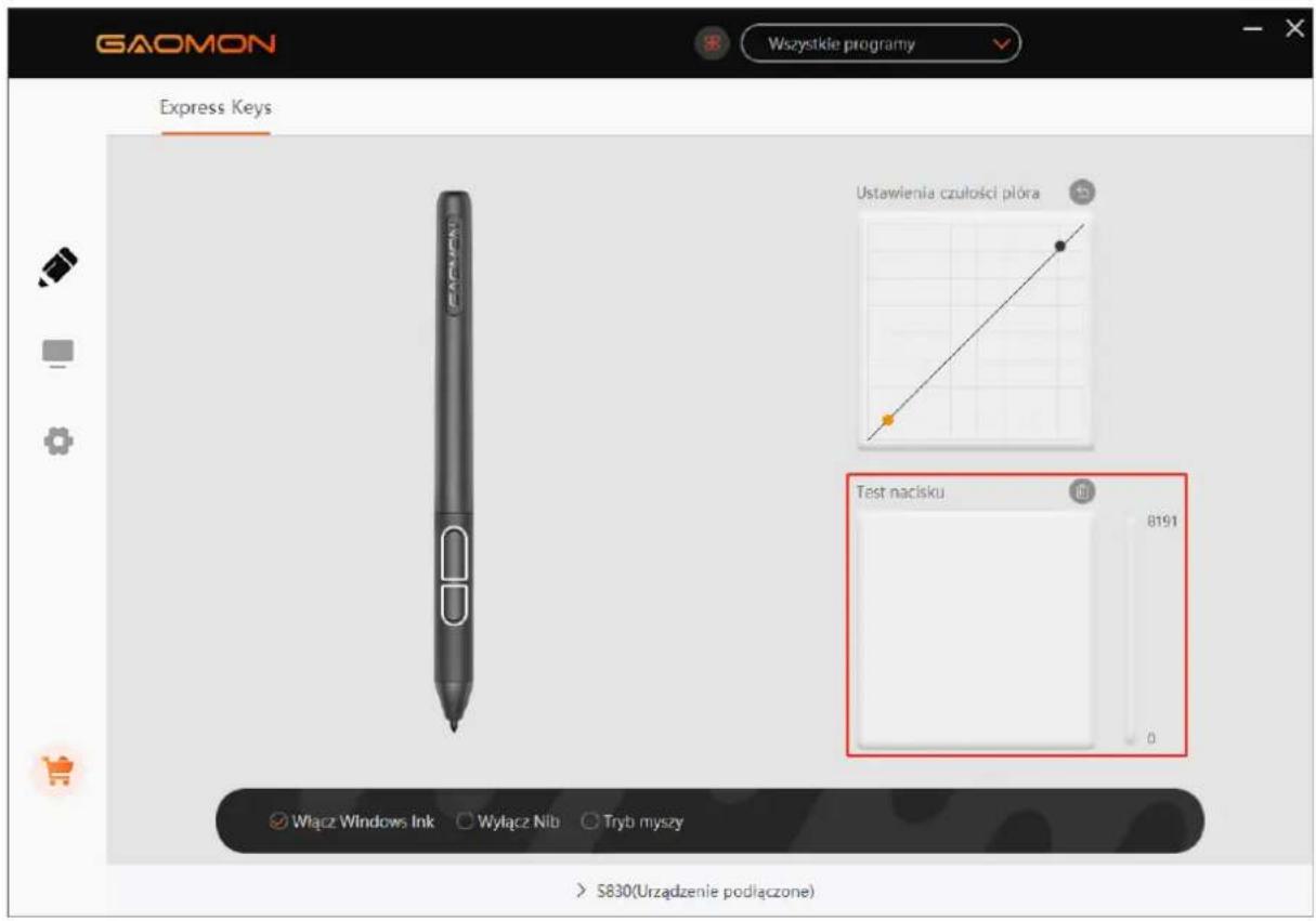 GAOMON Wszystkie programy Express Keys Ustawienia czulosci plóra Test nacisku 8191 Włącz Windows Ink Wyłącz Nlb Tryb myszy > S830(Urzadzenie podłączone)