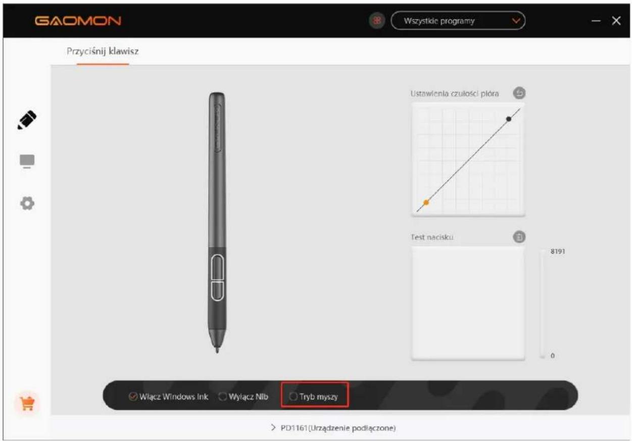 GAOMON Wszystkie programy Przyciśnij klawisz Ustawienia czulosci pióra Test nacisku Włącz Windows Ink ○ Wyłącz Nlb ○ Tryb myszy 8191 0 PD1161(Urzadzenie podłączone)
