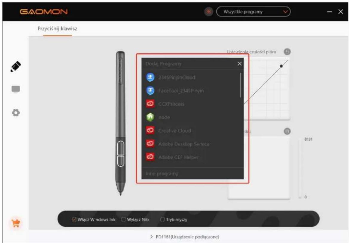 GAOMON Wszystkde programy Przyciśnij klawisz Dodal Programy 2345PinyinCloud FaceTool_2345Pinyin CCXProcess node Creative Cloud Adobe Desktop Service Adobe CEF Helper Inne programy Listawienia czulosci pióra 8101 Włącz Windows Ink Wylącz Nib Tryb myszy > PD1161(Urzȩdzenie podlączone)