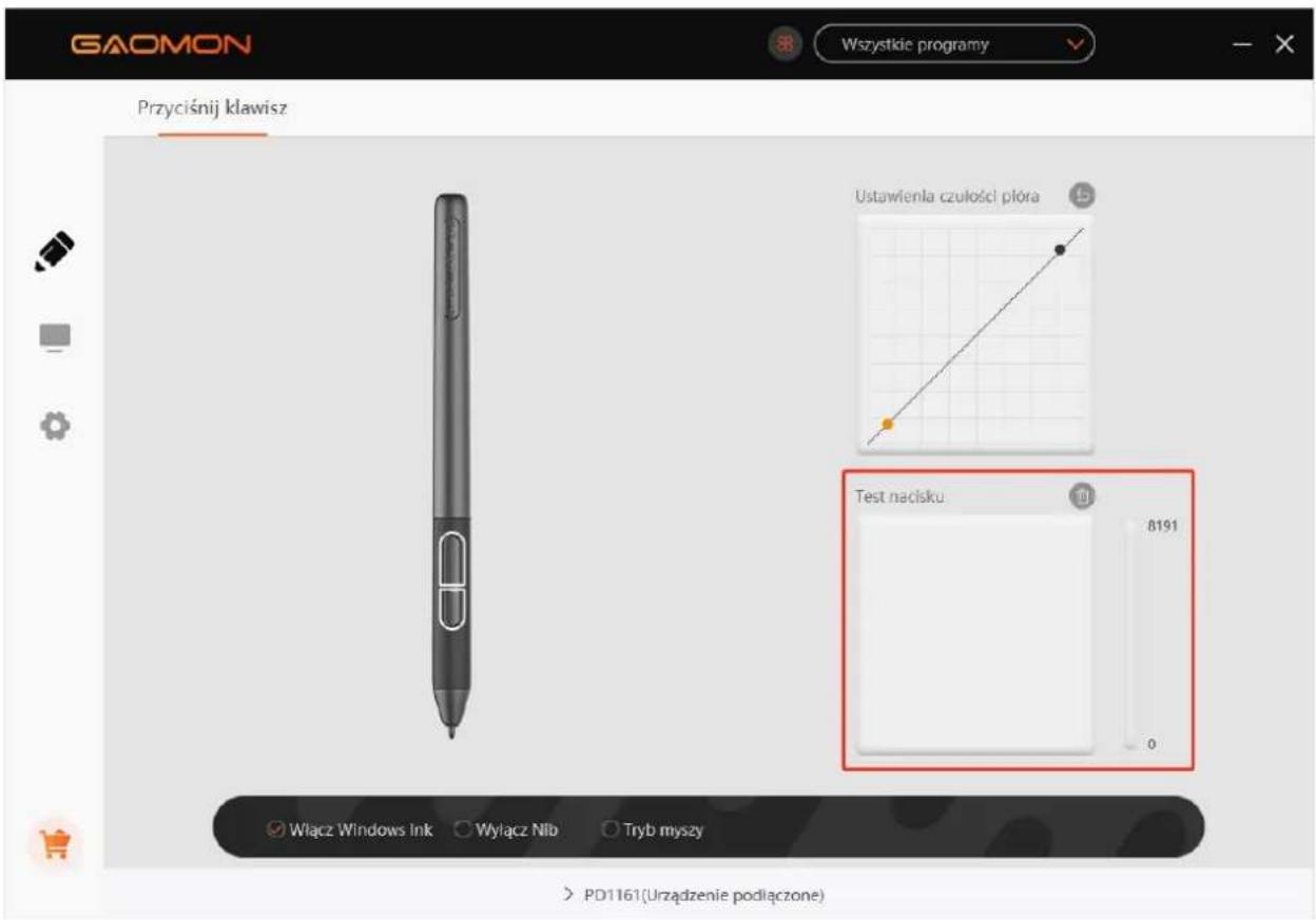 GAOMON Wszystkie programy Przyciśnij klawisz Ustawienia czułości płóra Test nacisku 8191 0 Włącz Windows Ink ○ Wylącz Nlb ○ Tryb myszy > PD1161(Urzadzenie podłączone)