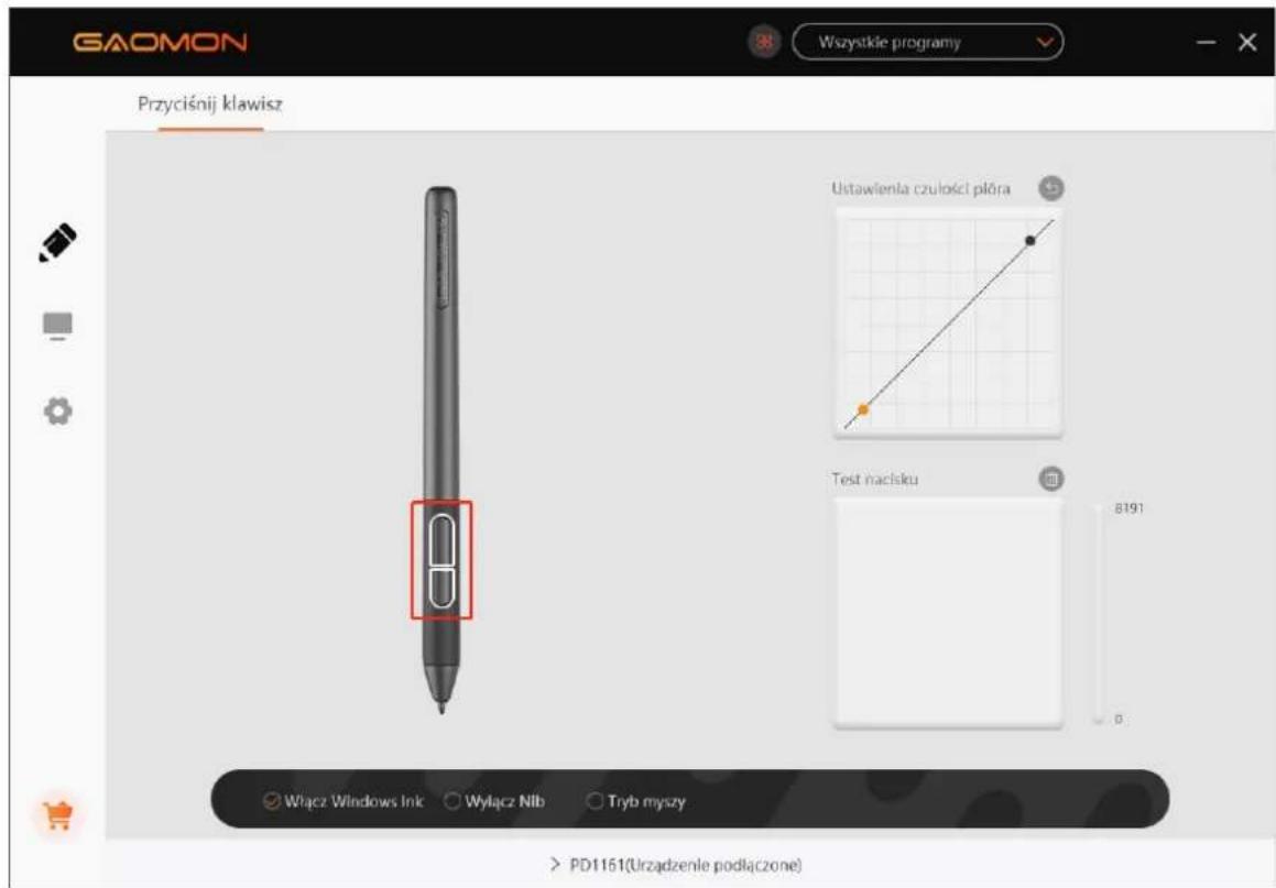 GAOMON Wszystkie programy Przyciśnij klawisz Ustawienla czulości piśra Test nacisku Wiącz Windows Ink ○ Wyłącz Nib ○ Tryb myszy 8191 > PD1161(Urzadzenie podłączone)