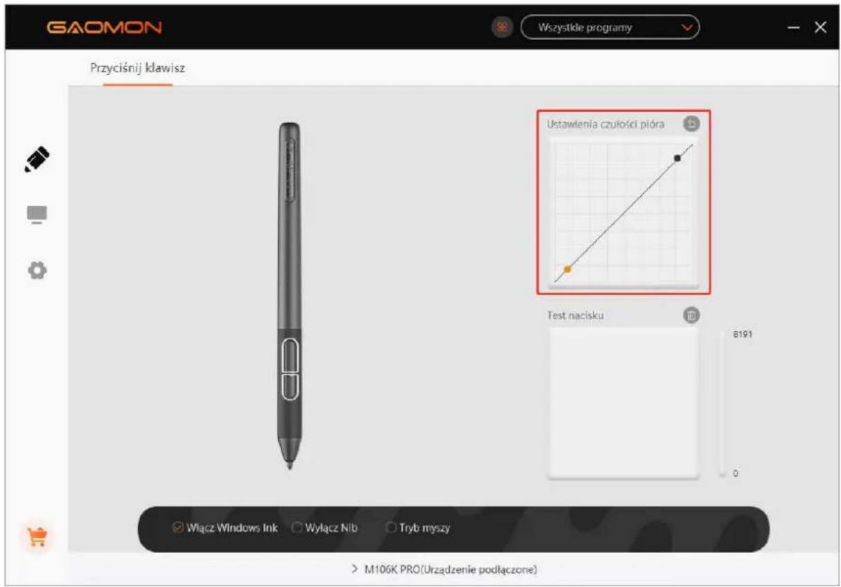 GAOMON Wszystkie programy Przyciśnij klawisz Ustawlenia czulości plóra Test nacisku Włącz Windows Ink Wyłącz Nib Tryb myszy M106K PRO(Urzadzenie podłączone)