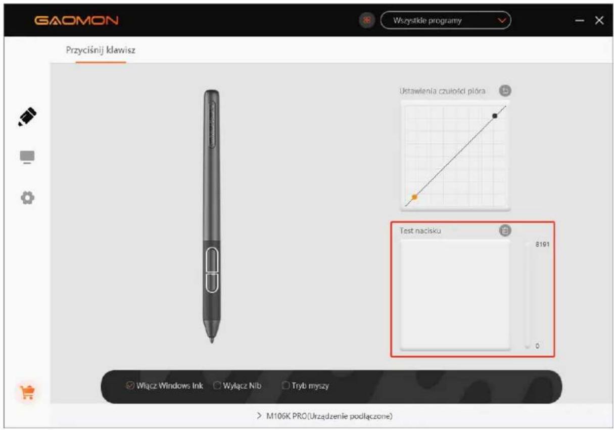 GAOMON Wszystkole programy Przyciśnij klawisz Ustawlenia czutości plóra Test nacisku 8191 Włącz Windows Ink Wyłącz Nib Tryb myszy M106K PRO(Urzadzenie podłączone)