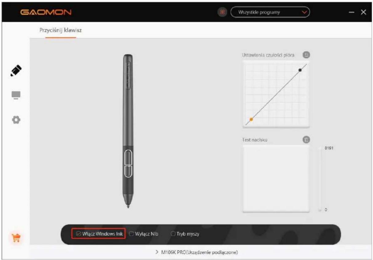 GAOMON 88 Wszystkie programy Przyciśnij klawisz Ustawienia czułości płóra Test nacisku Wiącz Windows Ink Wyłącz Nib Tryb myszy M106K PRO(Urzadzenie podłączone)
