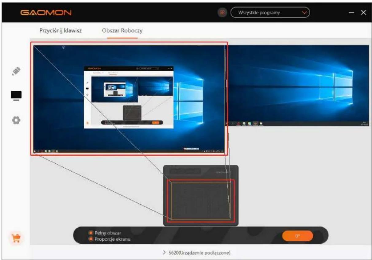 GAOMON Przyciśnij klawisz Obszar Roboczy Wszystkje programy Pełny obszar Proporcje ekranu S620(Urzadzenie podłączone)