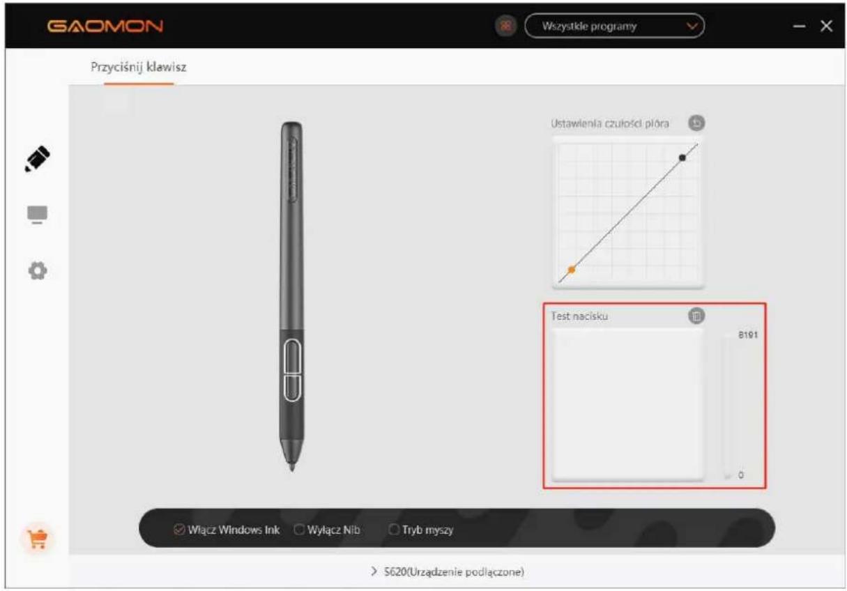 GAOMON Wszystkie programy Przyciśnij klawisz Ustawienła czutości plóra Test nacisku 8191 0 Włącz Windows Ink Wyłącz Nib Tryb myszy > S620(Urzadzenie podłączone)