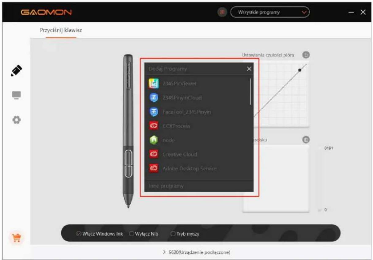 GAOMON Wszystkie programy Przyciśnij klawisz Ustawienia czułości pióra Dodaj Programy 2345PicViewer 2345PinyinCloud FaceTool_2345Pinyin ECXProcess node Creative Cloud Adobe Desktop Service Inner programy Włącz Windows Ink Wyłącz Nlb Tryb myszy > $620(Urzadzenie podłączone)