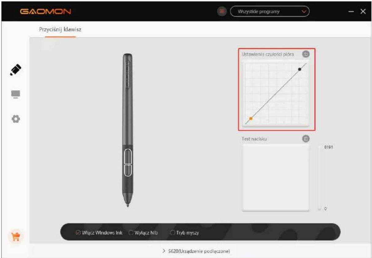 GAOMON Wszystkie programy Przyciśnij klawisz Ustawienia czulosci plóra Test nacisku Wiącz Windows Ink Wyłącz Nib Tryb myszy S620(Urzadzenie podłączone)