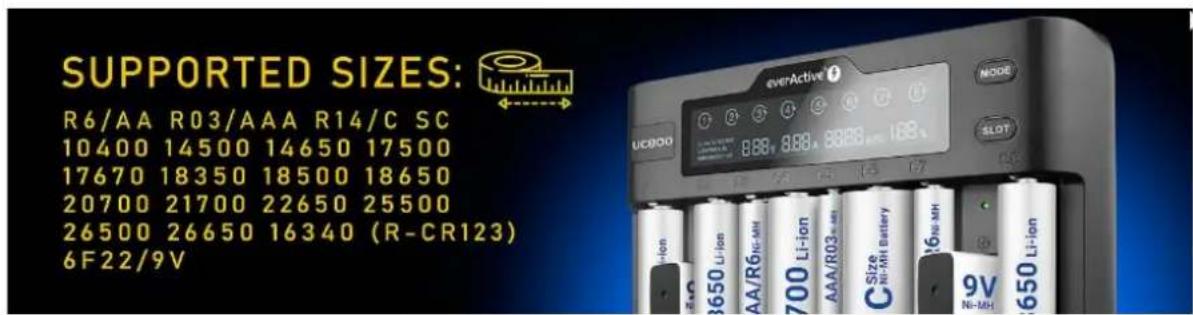 SUPPORTED SIZES: R6/AA R03/AAA R14/C SC 10400 14500 14650 17500 17670 18350 18500 18650 20700 21700 22650 25500 26500 26650 16340 (R-CR123) 6F22/9V EVERACTIVE UCBOO 8.88V 8.88V 8.88V 1.08V NODE SLOT - ion 3650 Li-ion AA/R03-MH 700 Li-ion AAA/R03-MH C Size Ni-MH Battery 16-NH-MH 9V Ni-MH 650 Li-ion