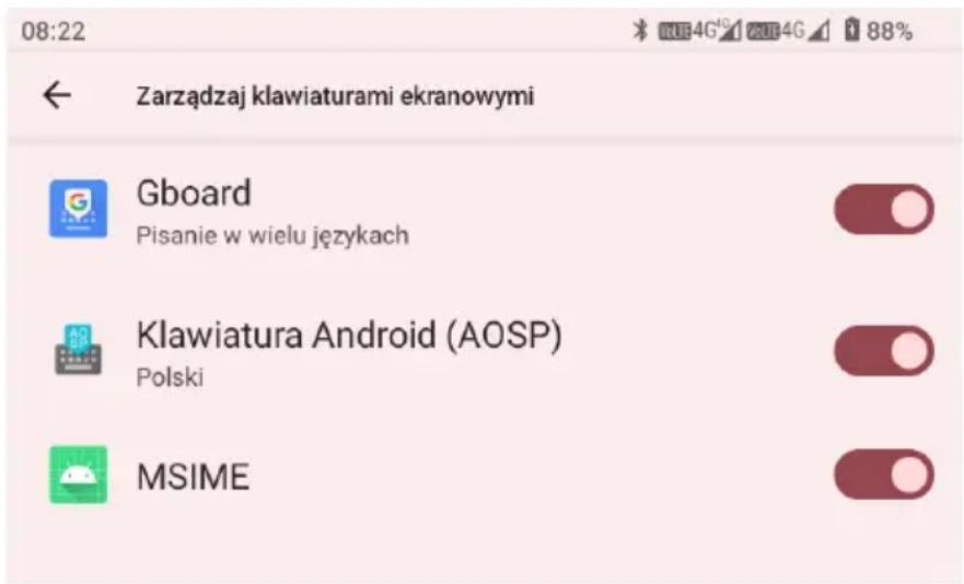 08:22 Zarządzaj klawiaturami ekranowymi Gboard Pisanie w wielu językach Klawiatura Android (AOSP) Polski MSIME