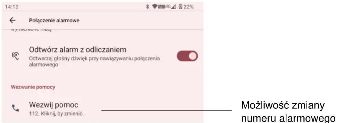 14:10 Połączenie alarmowe Wynichionie hizcj Odtwórz alarm z odliczaniem Odtwarzaj głośny dźwięk przy nawiązywaniu połączenia alarmowego Wezwanie pomocy Wezwij pomoc 112. Kliknij, by zmienić. Możliwość zmiany numeru alarmowego