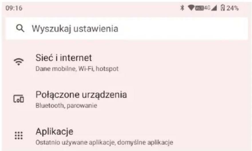 09:16 Wyszukaj ustawienia Sieć i internet Dane mobilne, Wi-Fi, hotspot Połączone urządzenia Bluetooth, parowanie Aplikacje Ostatnio używane aplikacje, domyślne aplikacje