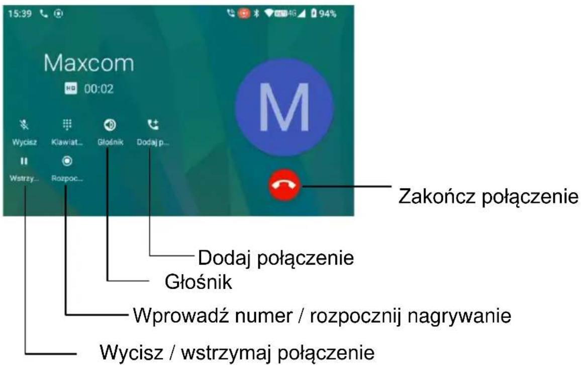 15:39 Maxcom 00:02 Wycisz Klawiat Głośnik Dodaj p... Wstrzy Rozpoc... Zakończ połączenie Dodaj połączenie Głośnik Wprowadź numer / rozpocznij nagrywanie Wycisz / wstrzymaj połączenie