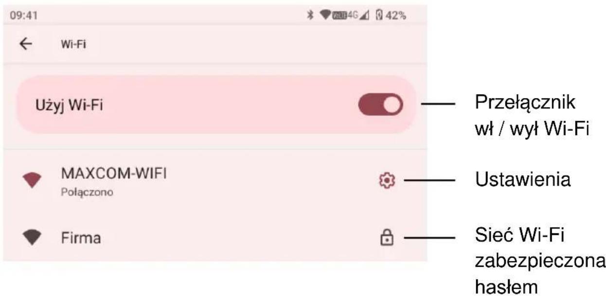 09:41 Wi-Fi Użyj Wi-Fi Przełącznik wł / wył Wi-Fi MAXCOM-WIFI Połączono Firma Ustawienia Sieć Wi-Fi zabezpieczona hasłem