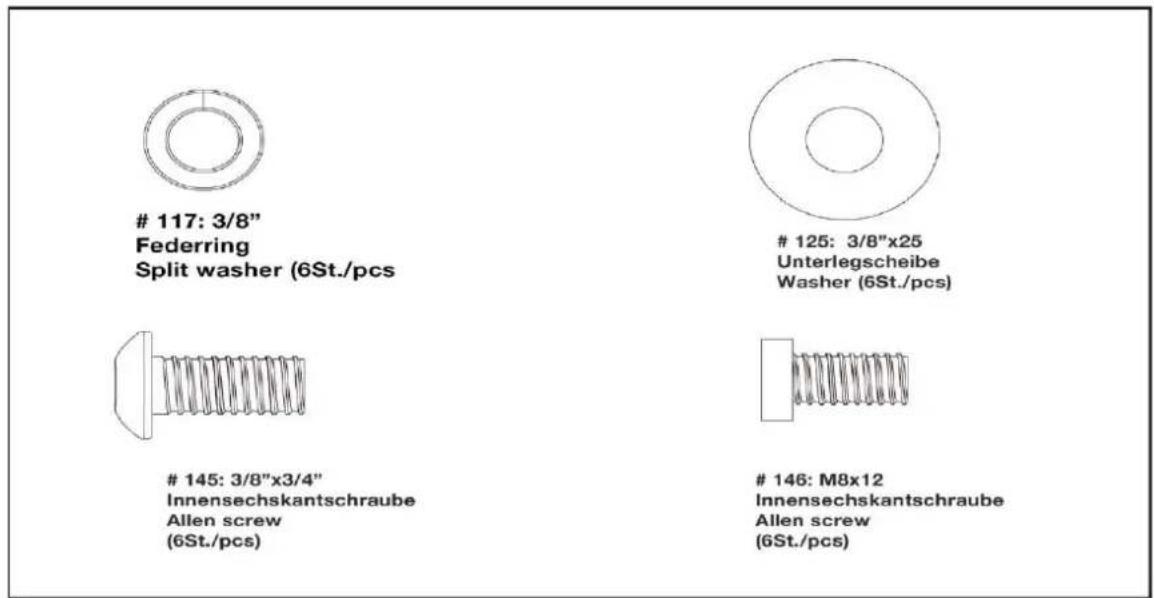 117: 3/8" Federring Split washer (6St./pcs) 125: 3/8"x25 Unterlegscheibe Washer (6St./pcs) 145: 3/8"x3/4" Innensechskantschraube Allen screw (6St./pcs) 146: M8x12 Innensechskantschraube Allen screw (6St./pcs)