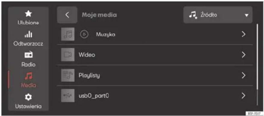 Ulubione Odtwarzocz Radio Media Ustawienia Moje media Zródło Muzyka Wideo Playlisty usb0_part0 897-1527