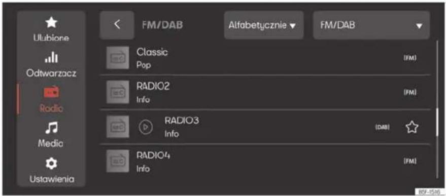 Ulubione Odtwarzacz Radio Media Ustawienia FM/DAB Alfabetycznie ▼ FM/DAB Classic Pop (FM) RADIO2 Info (FM) RADIO3 Info (DAB) RADIO4 Info (FM) 85F-1566