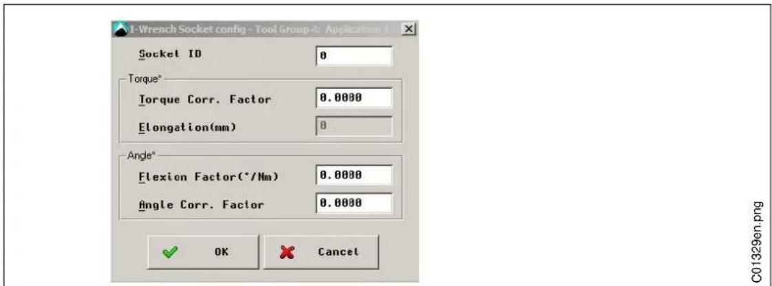 1-Wrench Socket config - Tool Group # Application 1 Socket ID 0 Torque* Torque Corr. Factor 0.0000 Elongation(mm) 0 Angle* Flexion Factor(*/Nm) 0.0000 Angle Corr. Factor 0.0000 OK Cancel C01329en.png