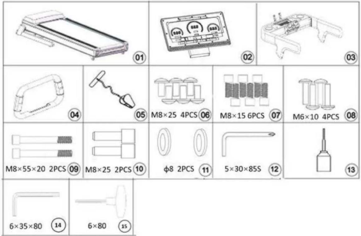01 02 03 04 05 M8×25 4PCS 06 M8×15 6PCS 07 M6×10 4PCS 08 M8×55×20 2PCS 09 M8×25 2PCS 10 φ8 2PCS 11 5×30×85S 12 13 6×35×80 14 6×80 15