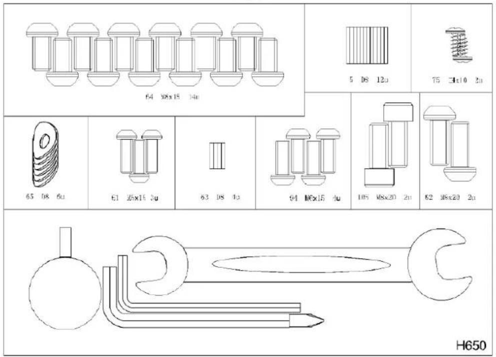 64 38x15 14n 5 D8 12u 75 3x10 2n 65 08 6u 61 25x15 3u 63 08 4u 94 M6x15 4u 105 M8x20 2n 62 M8x20 2n H650