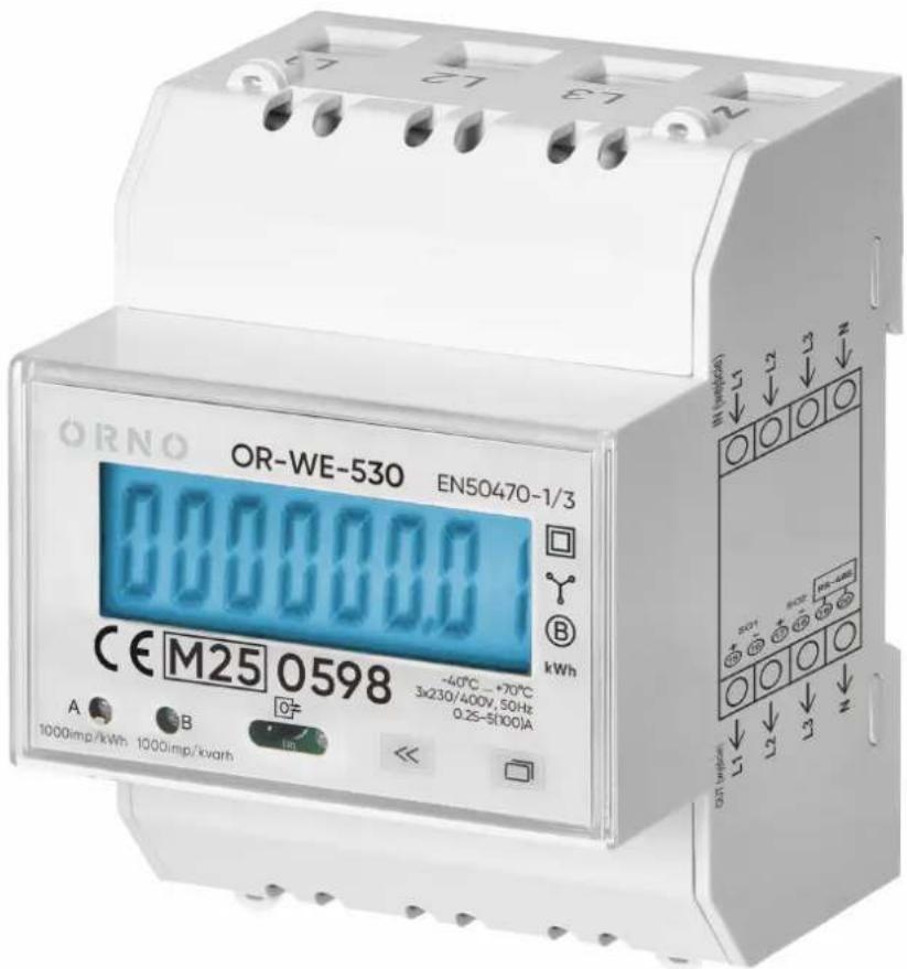 ORNO OR-WE-530 EN50470-1/3 CE M25 0598 -40°C -70°C 3x230/400V, 50Hz 0.25-5100A 1000imp/kWh 1000imp/kvar/h