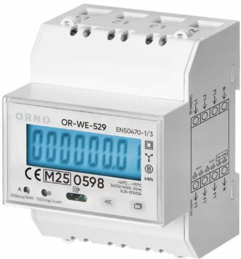 ORNO OR-WE-529 EN50470-1/3 CE M25 0598 -40°C - +70°C 3x230/400V, 50Hz 0.25-5(100)A A B 1000imp/kWh 1000imp/kvarh