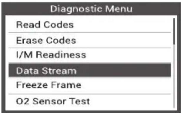 Diagnostic Menu Read Codes Erase Codes I/M Readiness Data Stream Freeze Frame O2 Sensor Test