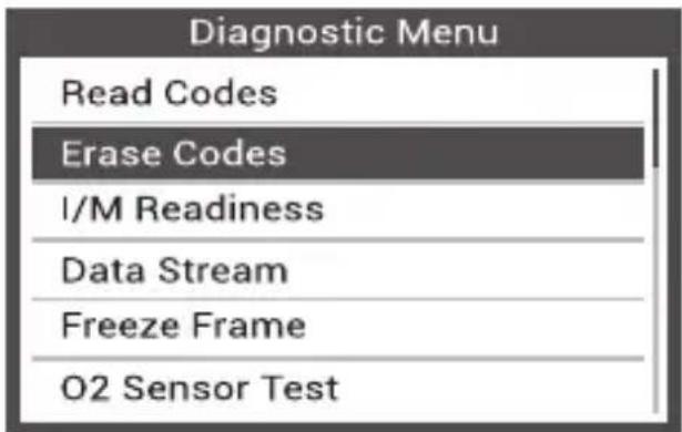 Diagnostic Menu Read Codes Erase Codes I/M Readiness Data Stream Freeze Frame O2 Sensor Test