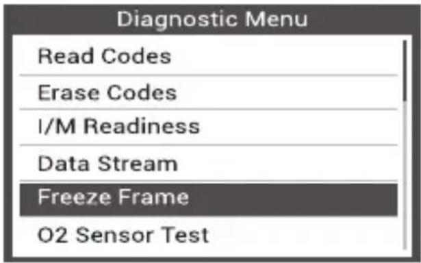 Diagnostic Menu Read Codes Erase Codes I/M Readiness Data Stream Freeze Frame O2 Sensor Test