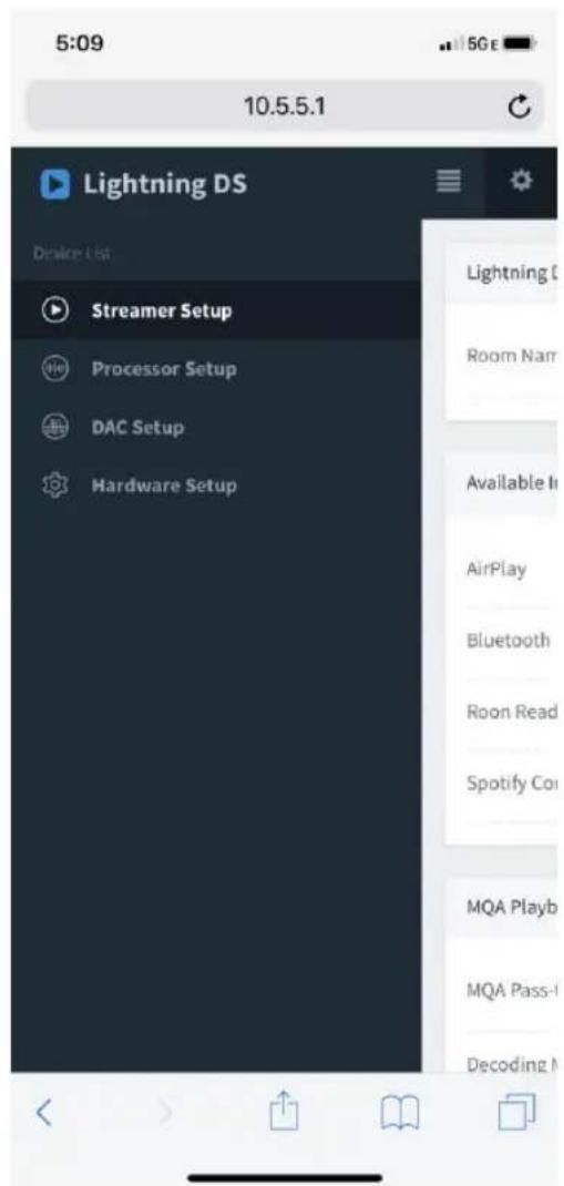 5:09 10.5.5.1 Lightning DS Device List Streamer Setup Processor Setup DAC Setup Hardware Setup Lightning C Room Name Available In AirPlay Bluetooth Roon Read Spotify Co MQA Playb MQA Pass-I Decoding M