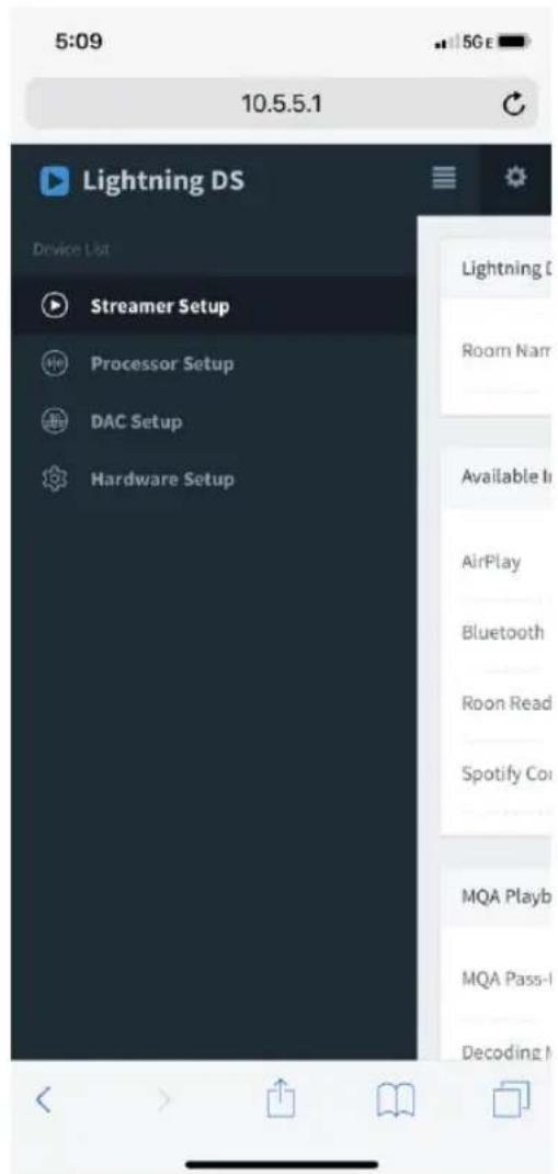 5:09 10.5.5.1 Lightning DS Device List Streamer Setup Processor Setup DAC Setup Hardware Setup Lightning C Room Name Available In AirPlay Bluetooth Roon Read Spotify Co MQA Playb MQA Pass-I Decoding M
