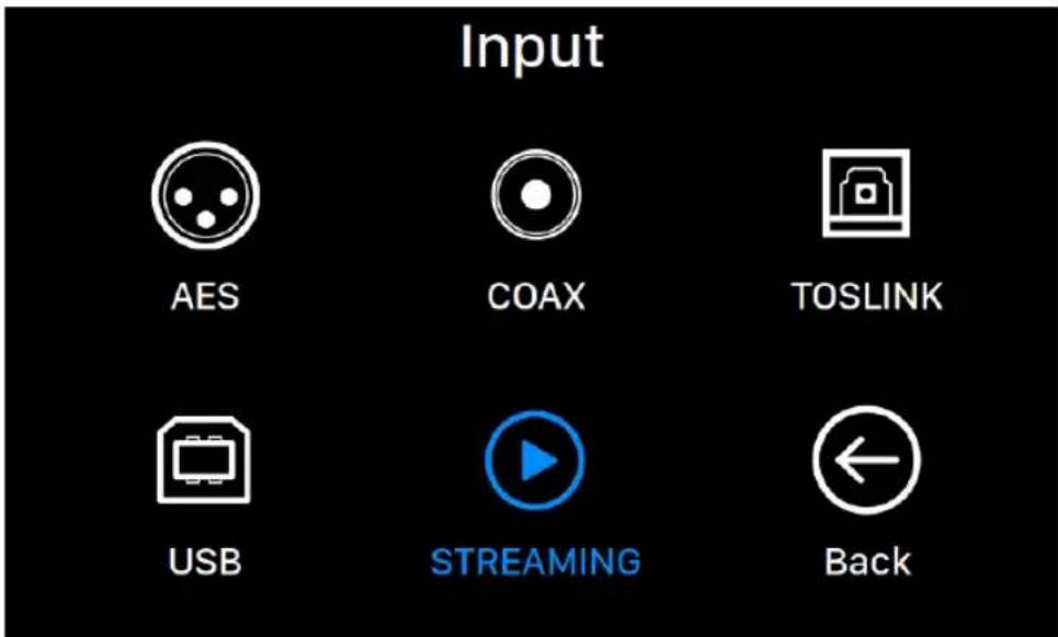 Input AES COAX TOSLINK USB STREAMING Back