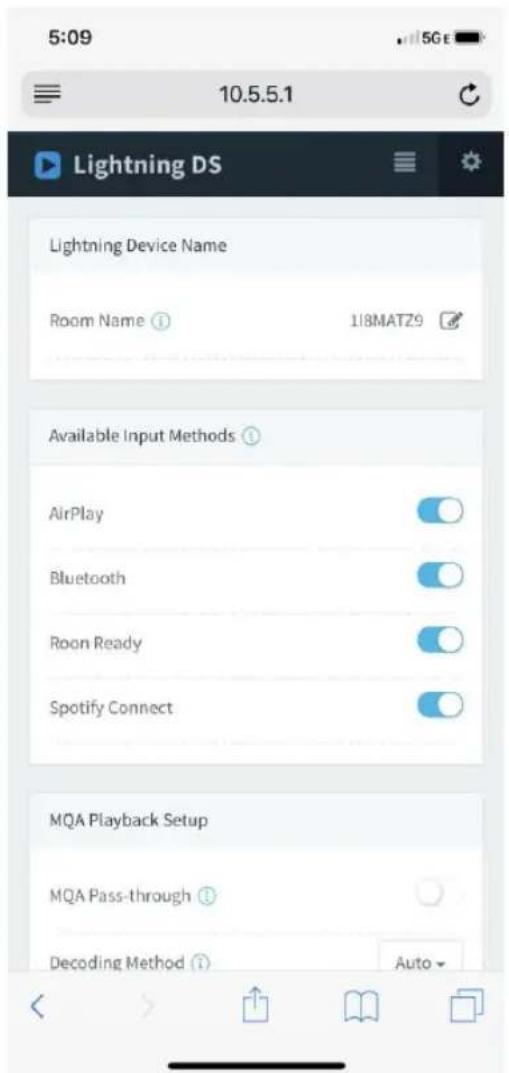 5:09 10.5.5.1 Lightning DS Lightning Device Name Room Name ⓘ 118MATZ9 Available Input Methods ⓘ AirPlay Bluetooth Room Ready Spotify Connect MQA Playback Setup MQA Pass-through ⓘ Decoding Method ⓘ Auto