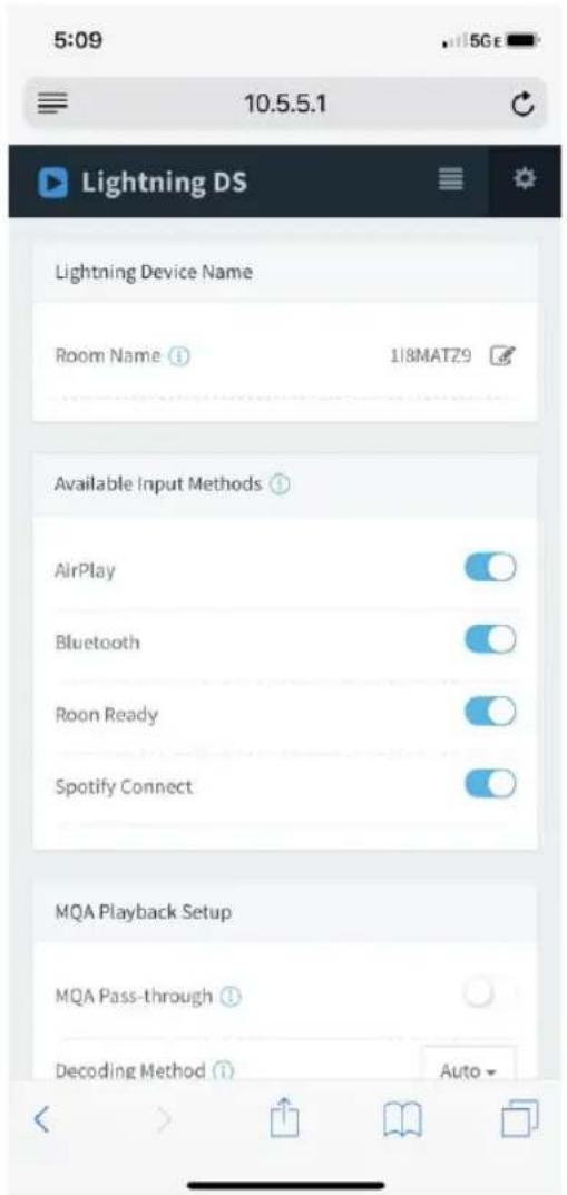 5:09 10.5.5.1 Lightning DS Lightning Device Name Room Name ⓘ 118MAT29 Available Input Methods ⓘ AirPlay ○ Bluetooth ○ Room Ready ○ Spotify Connect ○ MQA Playback Setup MQA Pass-through ⓘ Decoding Method ⓘ Auto -