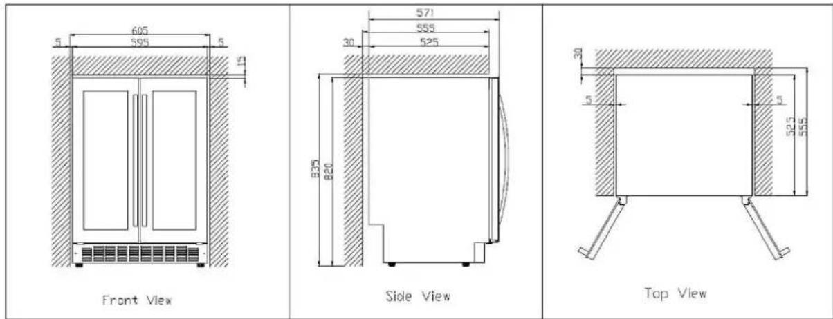 605 595 5 15 Front View 571 555 30 525 825 820 Side View 30 5 525 555 Top View