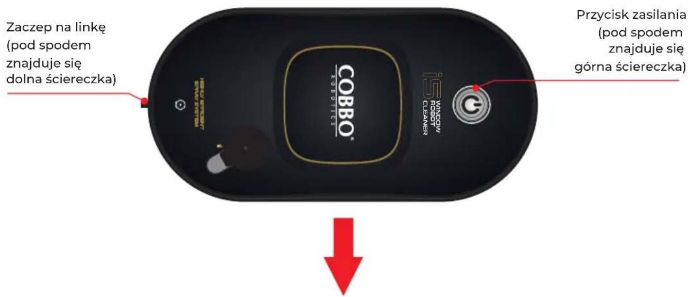 Zaczep na linkę (pod spodem znajduje się dolna ściereczka) COBBO® R101011 WINDOW ROBOT CLEANER Przycisk zasilania (pod spodem znajduje się górna ściereczka)