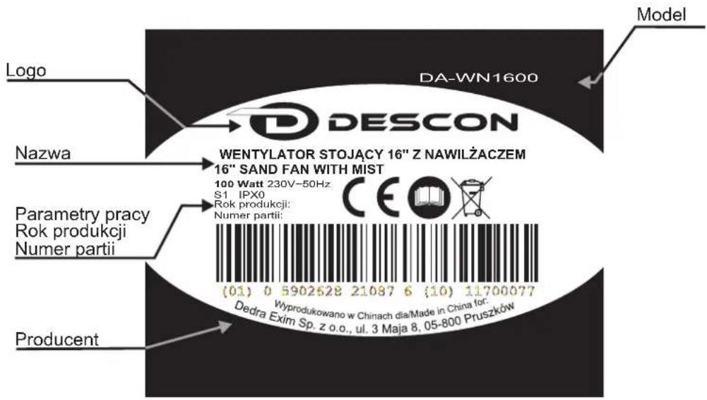 Logo DA-WN1600 Model DESCON WENTYLATOR STOJACY 16" Z NAWILŻACZEM 16" SAND FAN WITH MIST 100 Watt 230V~50Hz S1 IPX0 Rok produkcji: Numer partii: Parametry pracy Rok produkcji Numer partii: (01) 0 5902528 21087 6 (10) 11700077 Producent Dedra Exim Sp. z o.o., ul. 3 Maja 8, 05-800 Pruszków Wyprodukowano w Chinach dia/Made in China for: CE (01) 0 5902528 21087 6 (10) 11700077