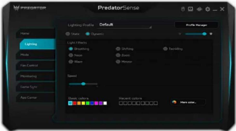 PredatorSense Lighting Profile Default Profile Manager Static Dynamic Light Effects Breathing Shifting Twinding Neon Zoom Wave Meierer Speed Basic colors Recent colors More color...