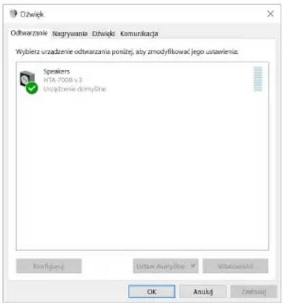 Ożwieg Odtwarzanie Nagrywanie Dźwieg Komunikacja Wybierz uztadzenie odtwarzania ponizej, aby zmodyfikowac jego ustawienia: Speakers HTA-70GB v.3 Uztadzenie domyOne Krefiguń Ustaw dlarysone Vrakcawicja OK Anukuj Zestruj
