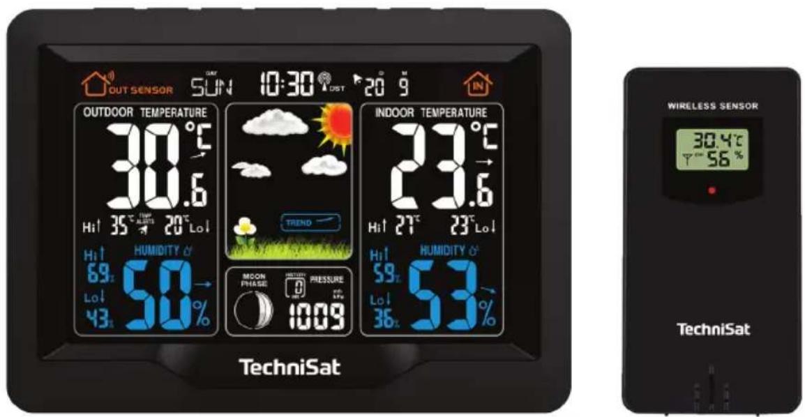 OUT SENSOR SUN 10:30 DST 20 9 OUTDOOR TEMPERATURE 30.6°C Hi 35 °C Hi 20 °C Lo 43 °C Lo 58 % HIDMIDITY °C TREND INDOOR TEMPERATURE 23.6°C Hi 27 °C Hi 23 °C Lo 59 °C Lo 53 % MOON PHASE HETONY PRESSURE 1009 TechniSat WIRELESS SENSOR 30.4°C Y° 56 % TechniSat