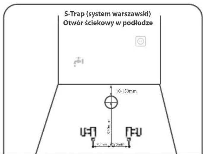 S-Trap (system warszawski) Otwór ściekowy w podłodze 10-150mm 370mm 70mm +20mm