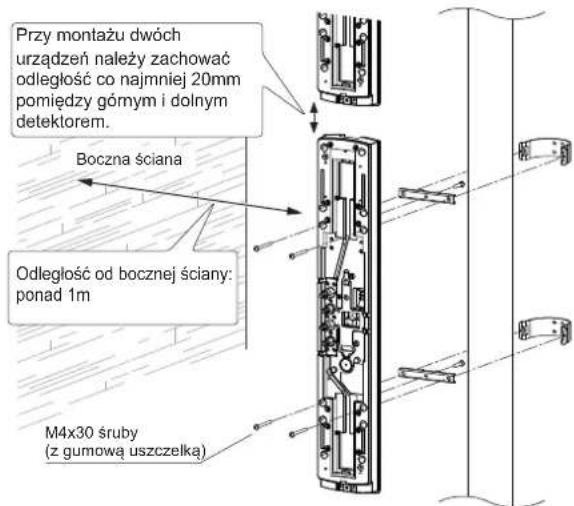 Przy montażu dwóch urządzeń należy zachować odległość co najmniej 20mm pomiędzy górnym i dolnym detektorem. Boczna ściana Odległość od bocznej ściany: ponad 1m M4x30 śruby (z gumową uszczelką)