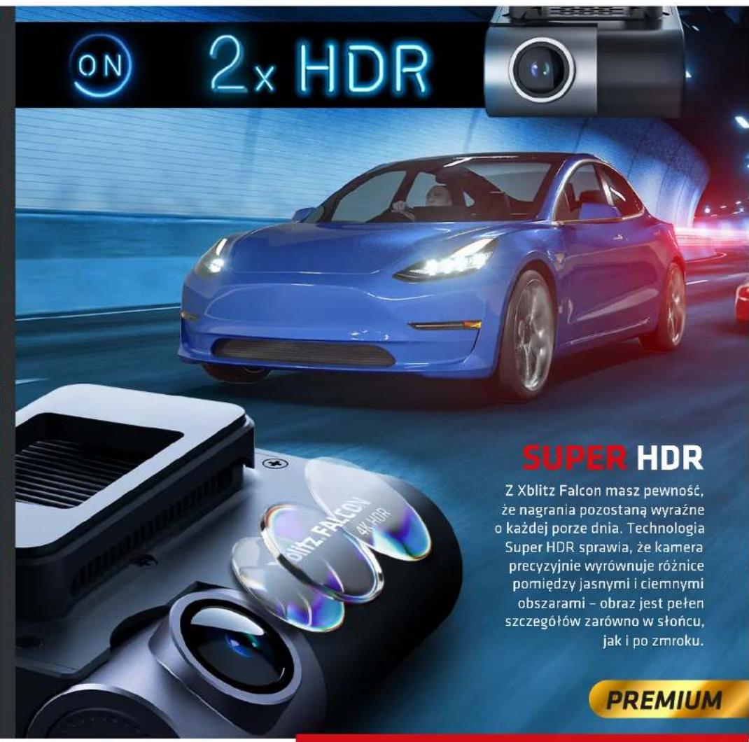 ON 2x HDR SUPER HDR Z Xblitz Falcon masz pewność, że nagrania pozostaną wyraźne o każdej porze dnia. Technologia Super HDR sprawia, że kamera precyzyjnie wyrównuje różnice pomliędzy jasnymi i ciemnymi obszarami – obraz jest pełen szczegółów zarówno w słońcu, jak i po zmroku. PREMIUM