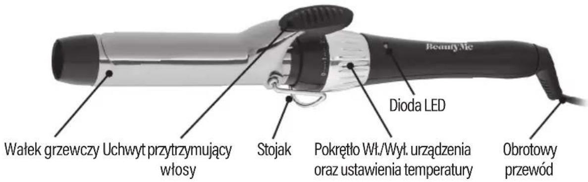Walek grzewczy Uchwyt przytrzymujący włosy Stojak Dioda LED Pokrętło Wł./Wył. urządzenia oraz ustawienia temperatury Obrotowy przewód