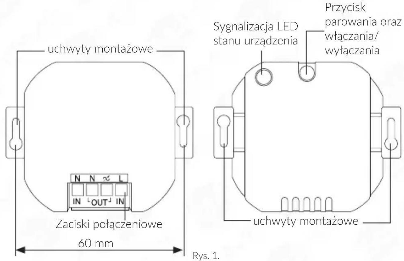 uchwyty montażowe N N ≈ L IN OUT IN Zaciski połączeniowe 60 mm Rys. 1. Sygnalizacja LED stanu urządzenia Przycisk parowania oraz włączania/ wyłączania uchwyty montażowe
