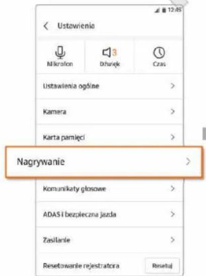 Ustawienia Mikraion Dźwięk Czas Ustawienia ogólne Kamera Karta pamięci Nagrywanie Komunikaty głosowe ADAS i bezpieczna jazda Zasilanie Resetowanie rejestratora Resetuj